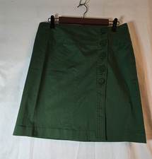 Talbots Green Solid Button Front A-Line Short Skirt Twill Cotton Spandex 10