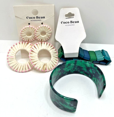 BOHO LOT of Coco Beau Accessories, 1 Earring, 2 Bracelets Blue Green Tan Beach