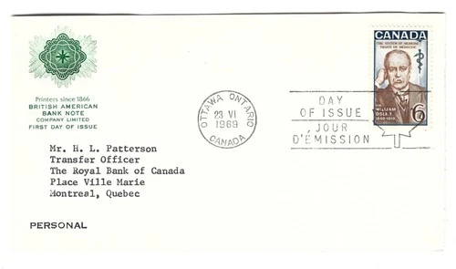 1969 Canada - Ottawa 6c William Osler FDC - American Bank Note Co. Corner Card