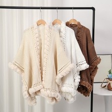 Femmes Tricot Crochet Châle Faux Lapin Fourrure Bord Cape Manteau Hiver Élégant