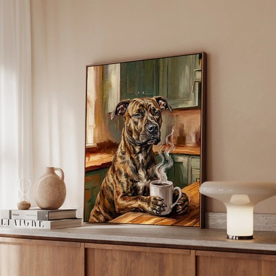 ''Before Coffee'' - Pit Bull Vertical Framed Canvas - Dog Lover Wall Art