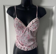 Vintage Y2K women  s camisole Sheer Mesh Pink and white ruffle floral print XS/S