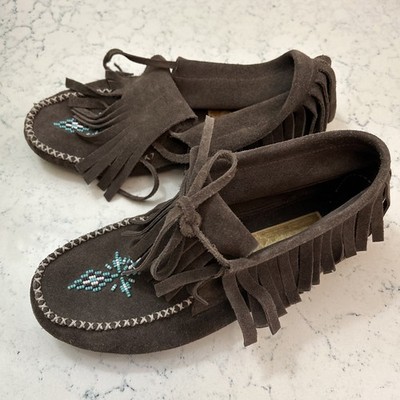 Manitoba mukluks Mocassin Ladies 8 Men s 6 Dark Brown Fringe Vibram Sole Beaded