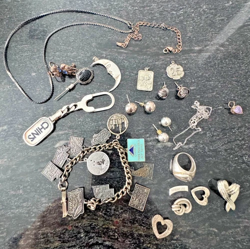 Vintage Antique 925 Sterling Silver Jewelry Earrings Ring KEY CHAIN lot 121 gram