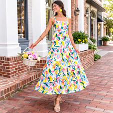 Skies Are Blue Floral Maxi Dress M Tiered Boho Resort Summer Easter