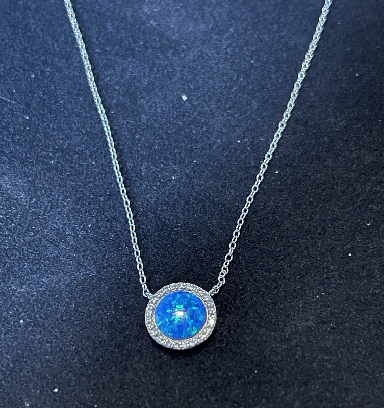 Sterling Silver Lab Created Blue Opal & Cubic Zirconia Round Necklace
