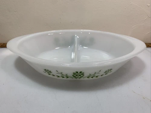 Vintage Glasbake Herb Garden Milk Glass J2352 Casserole Dish Divided