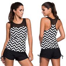 HOTAPEI Swimsuit for Women Two Pieces Tankini Black/White Zigzag - L/Large