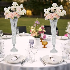 2 Pc Modern Crystal Trumpet Flower Silver Stand Crystal Vase For Wedding Decor.