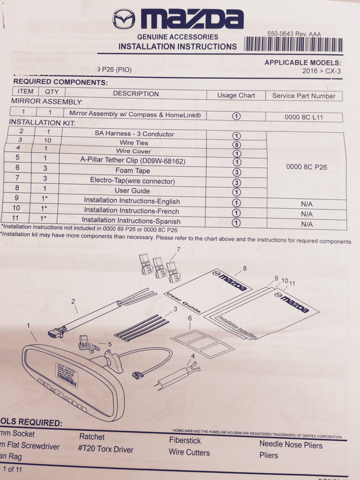 2016 2017 2018 Mazda CX-3 auto-dimming rearview mirror w/ compass