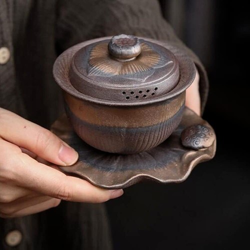 4.6" Chinese Retro Coarse Pottery Gaiwan Tea Cup Handmade Tureen Tea Bowl TeaSet - Picture 4 of 6