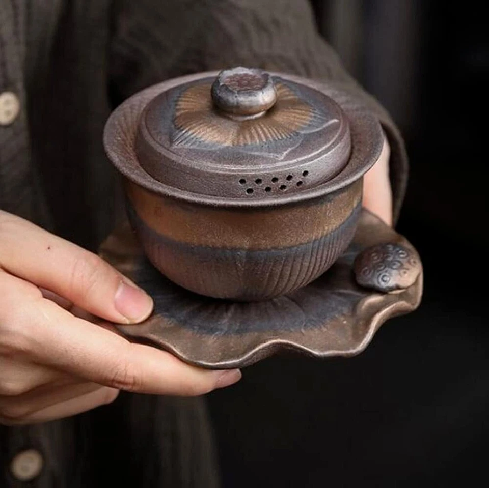 Juego de té de cerámica gruesa retro china de 4,6" Gaiwan hecha a mano puré tazón de té Foto 4 de 4