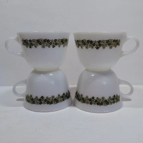 Vtg. Pyrex Green Crazy Daisy Spring Blossom Milk Glass Coffee Cup Mug Set of 4