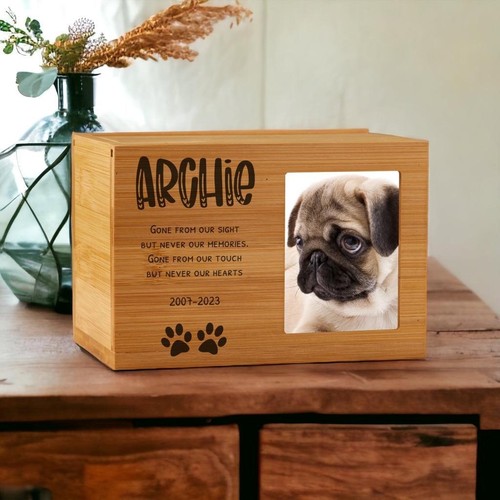 Personalised Wooden Dog Memorial Cremation Urn with Photo Heart Quote