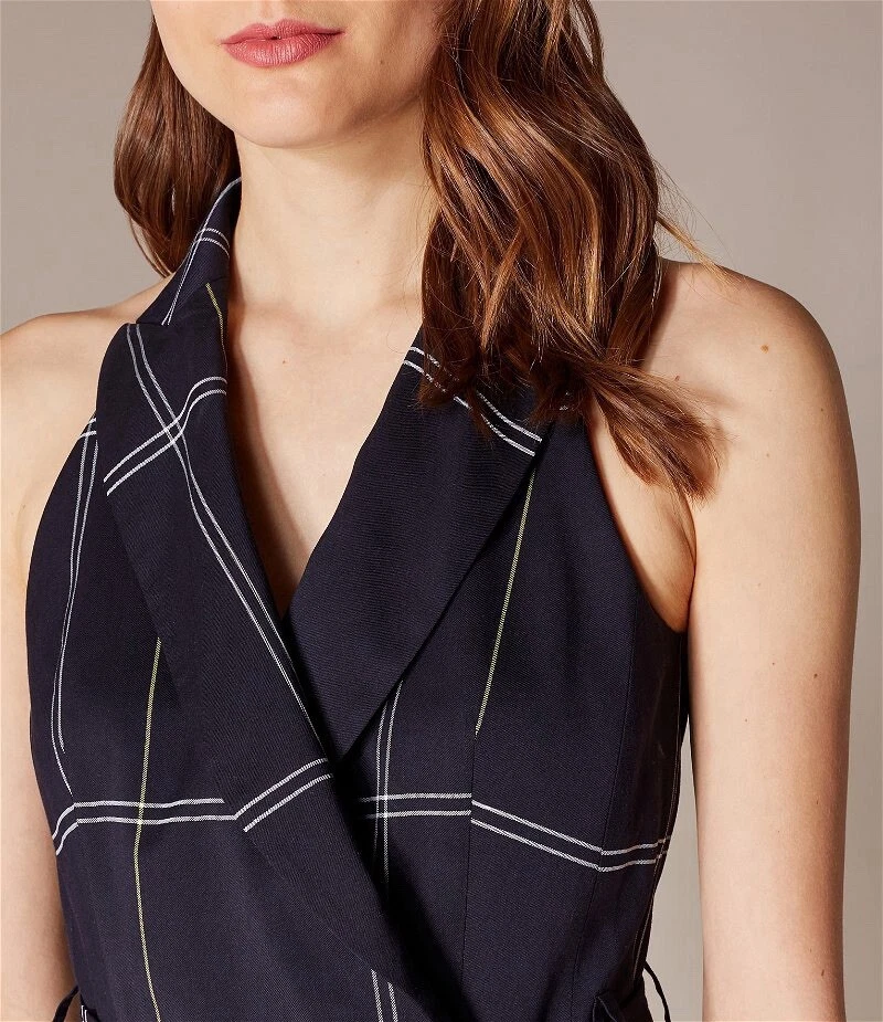 Mono KAREN MILLEN UK10 EU38 US6 Esmoquin a Medida Cuello Halter Cuadros Azul Marino Foto 4 de 4