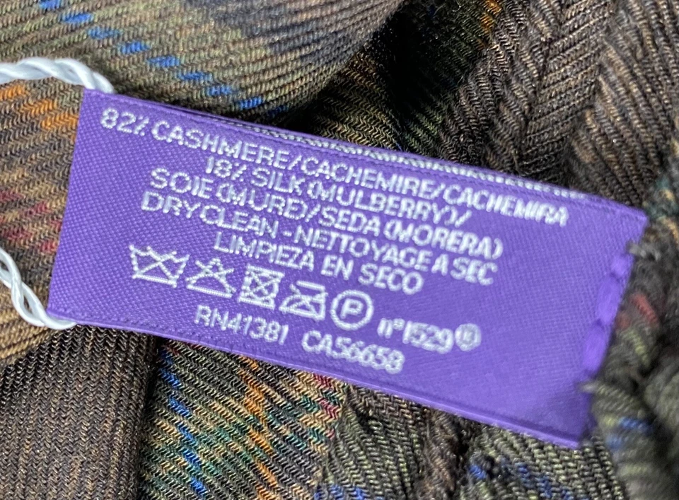 Bufanda Ralph Lauren Etiqueta Púrpura Cuadros Marrón Cachemira Hecha en Italia Foto 4 de 4