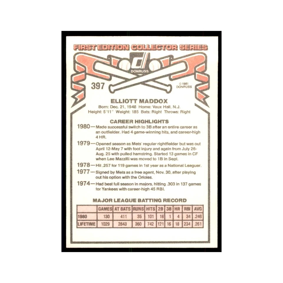 1981 Donruss Elliott Maddox Baseball Cards #397 - Image 2 of 3