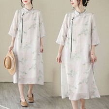 Women Chinese Style Linen Floral Stand Collar Gown Cheongsam Summer Qipao Dress