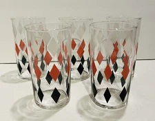 Set Of 5 Vintage Mid Century Libby Harlequin Tumblers Black/White/Red Diamonds
