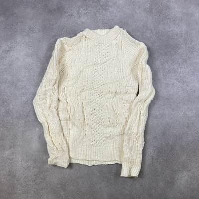 Arran Sweater Womens XS Hand Cable Knit Aran Wool Jumper, Off White