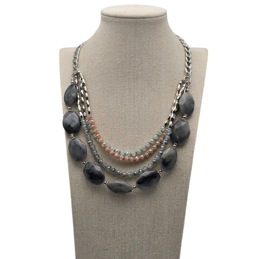 Multi-Layered Gray Beaded Statement Necklace with… - image 2