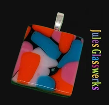 Hand Crafted  Fused Glass Pendant W/Chain #1429 Orange Pink