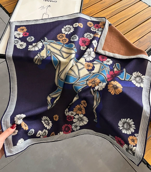 70% Cashmere 30% Silk Neckerchief Scarf horse Print Bandana 27'' Shawl Wrap new