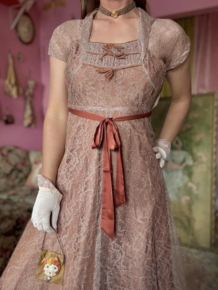 Vestido de encaje rosa años 40 con tirantes a juego, juego de dos piezas, 30 W talla M, LEER Foto 4 de 4