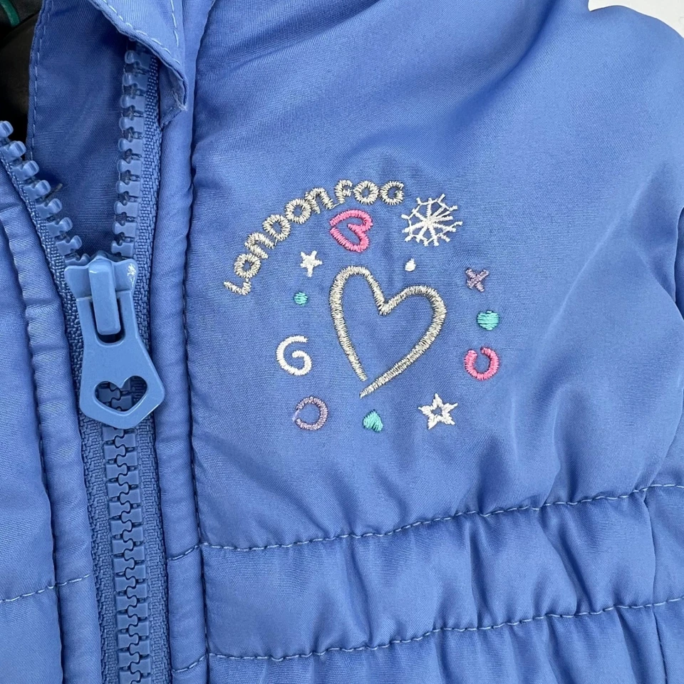 London Fog Kids Puffer Coat Jacket S/4 Blue Faux Fur Hood Embroidered Hearts - Image 4 of 4