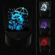 Raccoon in Raincoat Walking in the Rain 3D Illusion LED Night Light Sign Lamp