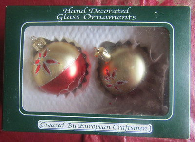 Vintage 2 Hand-Decorated Glass Ornaments Gold w/Glitter 2 5/8'' Made In Romania