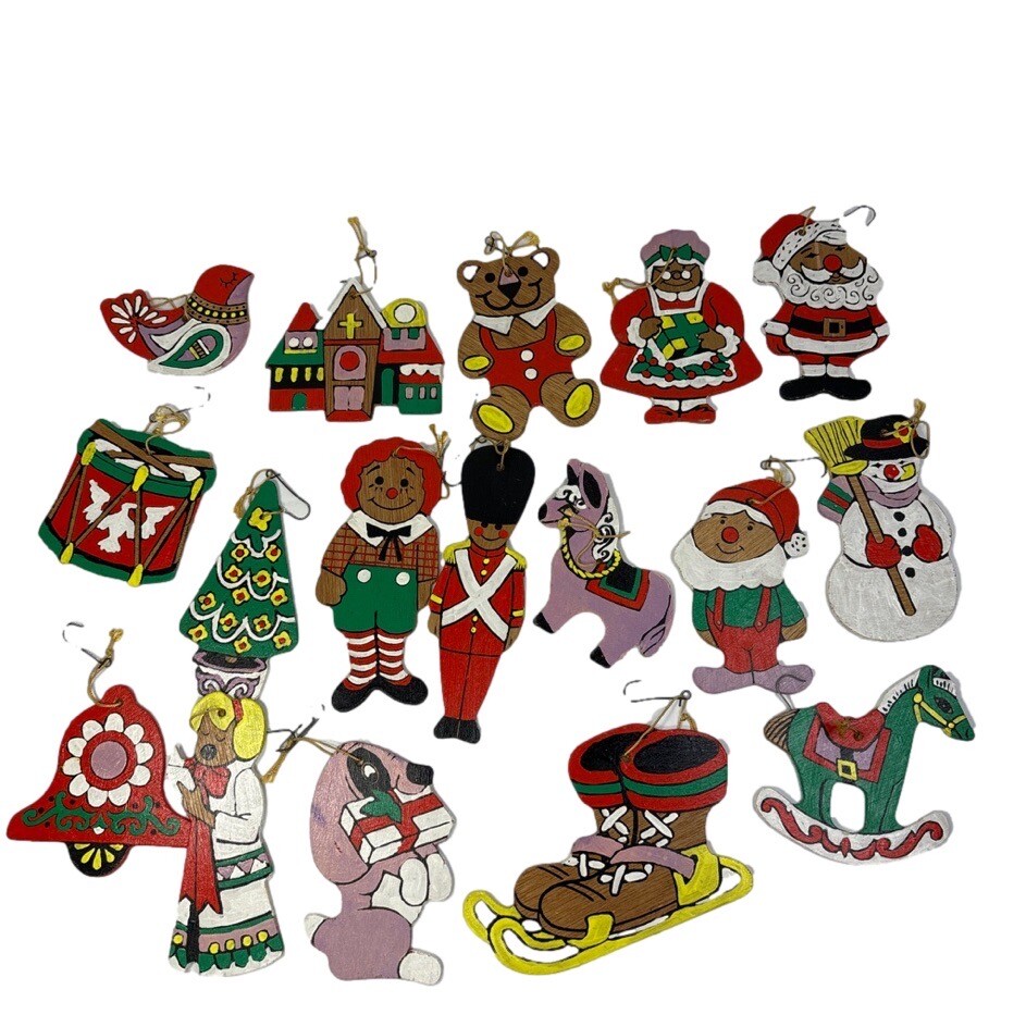 Vintage 70s Set Of Painted Wooden Christmas Hanging Ornaments set