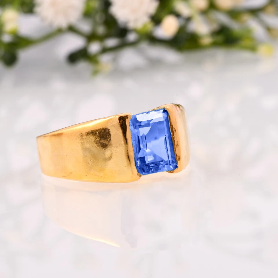 Anillo Tanzanita Natural Oro Amarillo Sólido 14K Boda AAA Hecho a Mano para Regalo Para Hombre Foto 2 de 3