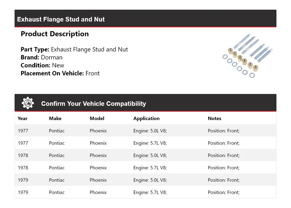 Para Pontiac Phoenix Dorman 1977-1979 brida de escape perno y tuerca delantera 1978 Foto 2 de 4