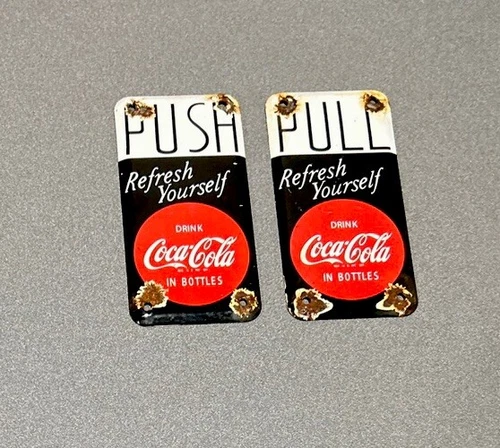 VINTAGE SET COKE COCA-COLA DOOR PALM PUSH PULL PORCELAIN SIGN CAR GAS TRUCK OIL