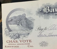 1915 Bank Check Of Orland California Dam Vignette Gen Merch Kirkwood California