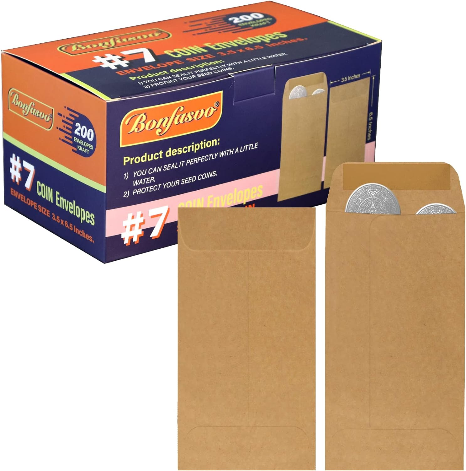 200 Pack #7 Kraft Coin Envelopes 3.5x6.5 Inch Small Classic Kraft Paper