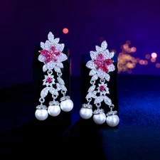 Classy CZ Pink Flower Pearl Dangle Drop Earrings for Fiancee Engagement Jewelry