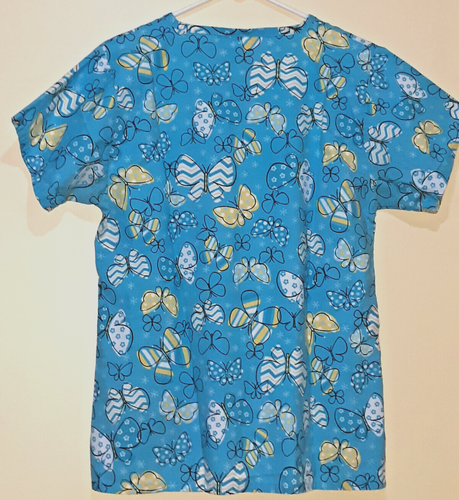 Bonita V Neck Scrub Short Sleeve Aqua Yellow Butterflies Size Medium BUY3/1FREE - Picture 4 of 4