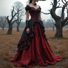 Red And Black Victorian Period Prom Dress Lace Appliques Off Shoulder Attractive