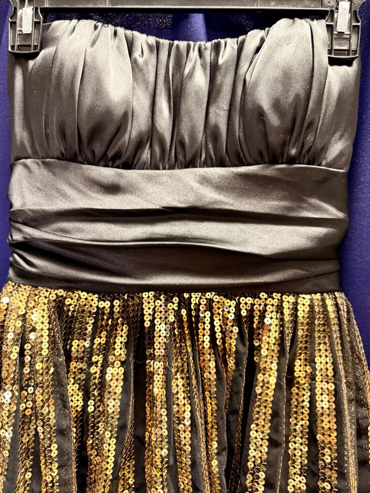 Betsy & Adam Black Gold Sequin Strapless Party Dress Size 4 Made USA NYE - Image 2 of 4
