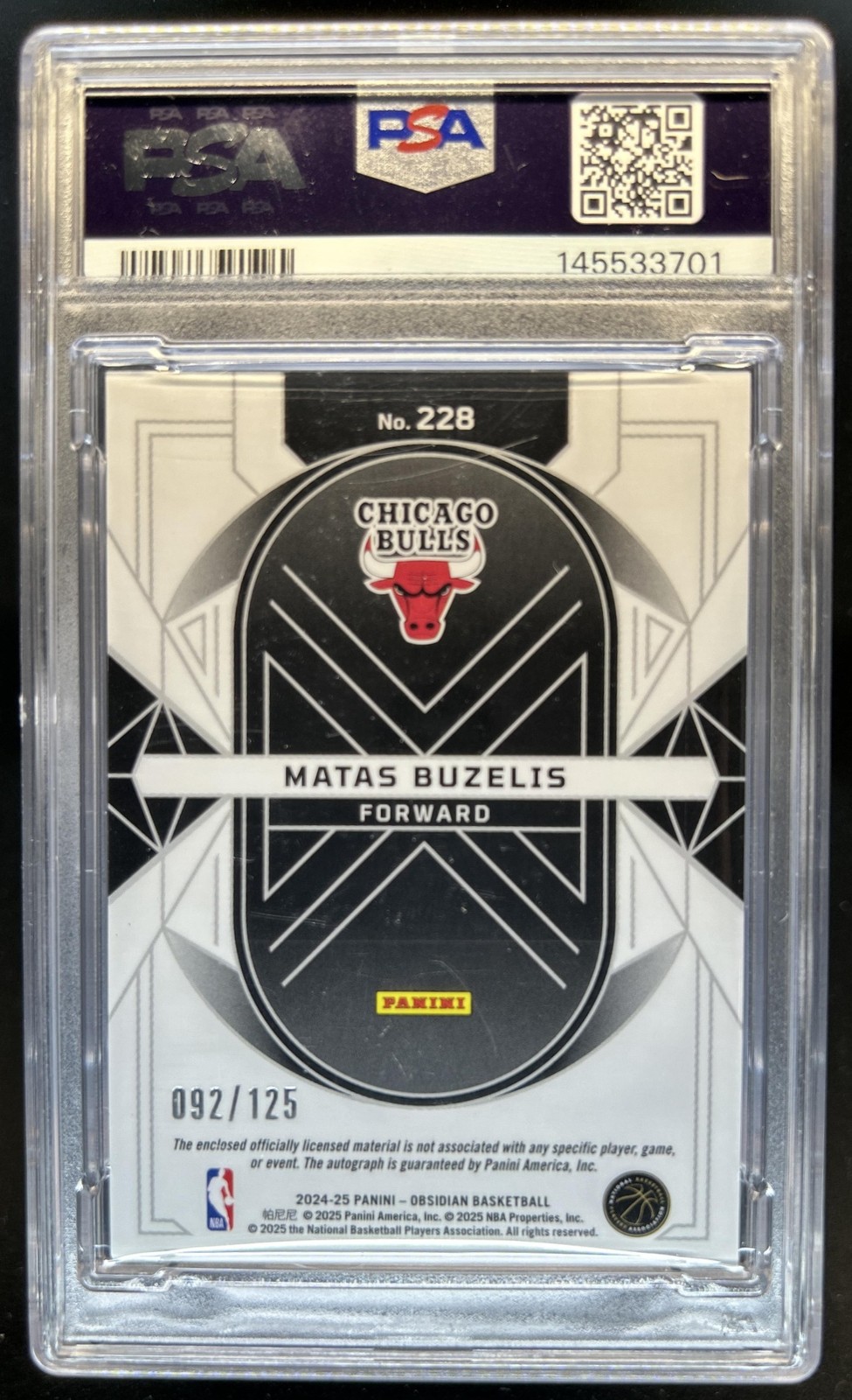 2024-25 Panini Obsidian Matas Buzelis Rookie Jersey Auto RC #/125 Bulls PSA 9/10 view 2
