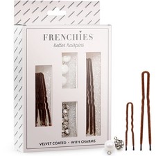 French Twist Hair Pin Velvet Coated Pearls Crystals Brown 20 Count