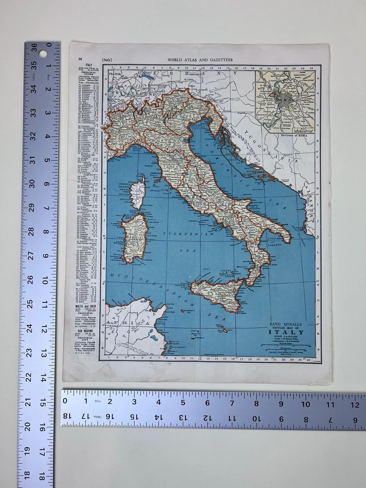 Mapa de Italia Rand McNally 11x14 Roma insertado c.1930s con Suiza Foto 4 de 4