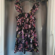 Next Floral Smock Dress UK 12 Black Gold Lurex Ruffle Sleeve Summer Boho