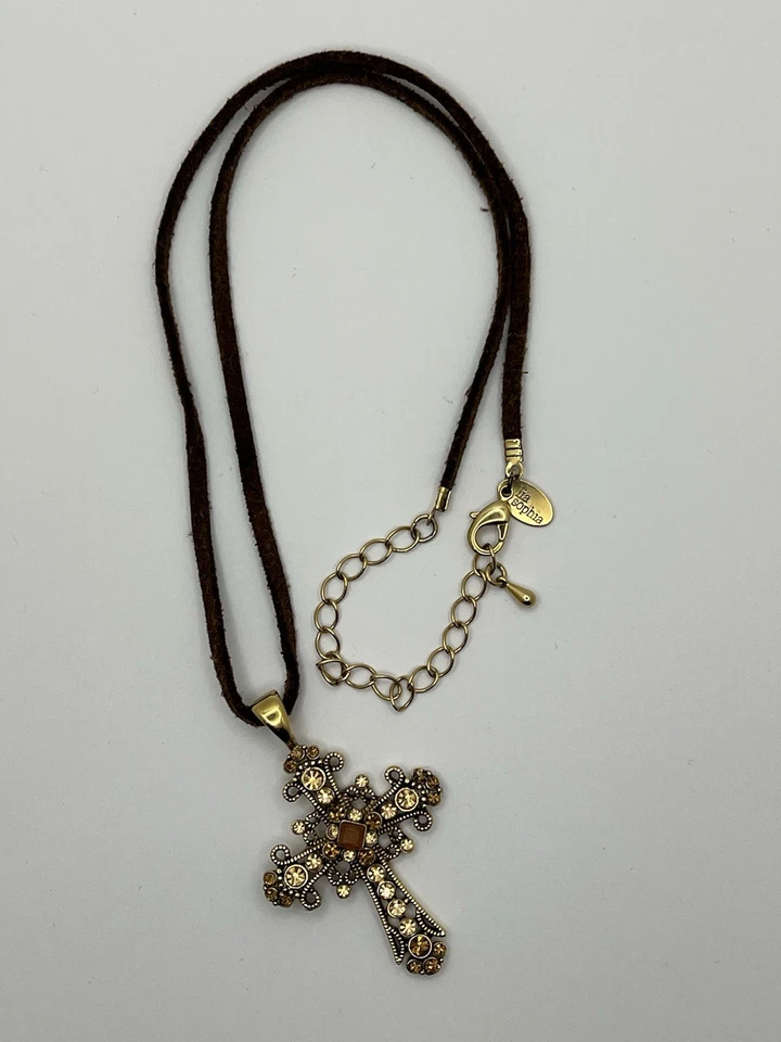 Lia Sophia Cross Crystal Rhinestone Pendant With Brown Leather Cord Necklace - Image 3 of 4