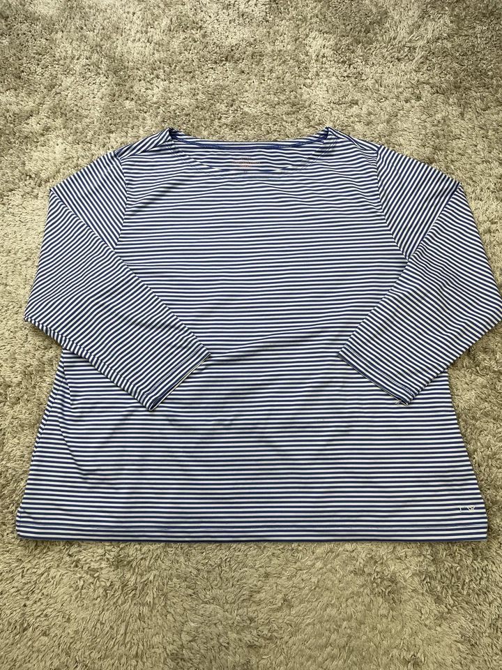 Camisa Vineyard Vines para mujer 3X azul blanco rayas sankaty manga 3/4 cuello barco Foto 2 de 4