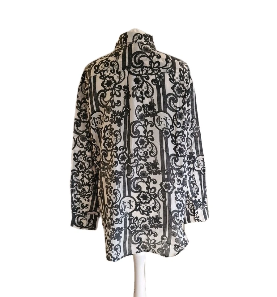 Camisa Gant Calce Relajado Estampado Encaje Algodón Seda Blanco y Negro para Mujer. Talla UK 14. Foto 2 de 4