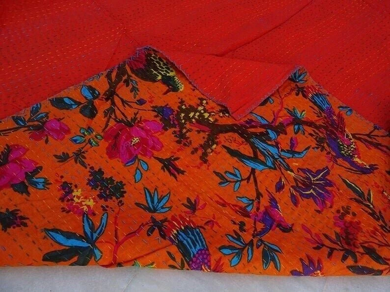 Indian Bird Print Handmade Cotton Kantha Bedspread Quilt Throw Blanket king - Image 3 of 4
