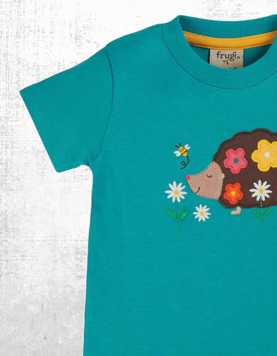 Ex Frugi Girl’s Hedgehog Little Creature Applique Top in Blue (A Bit Defect) - Picture 3 of 4